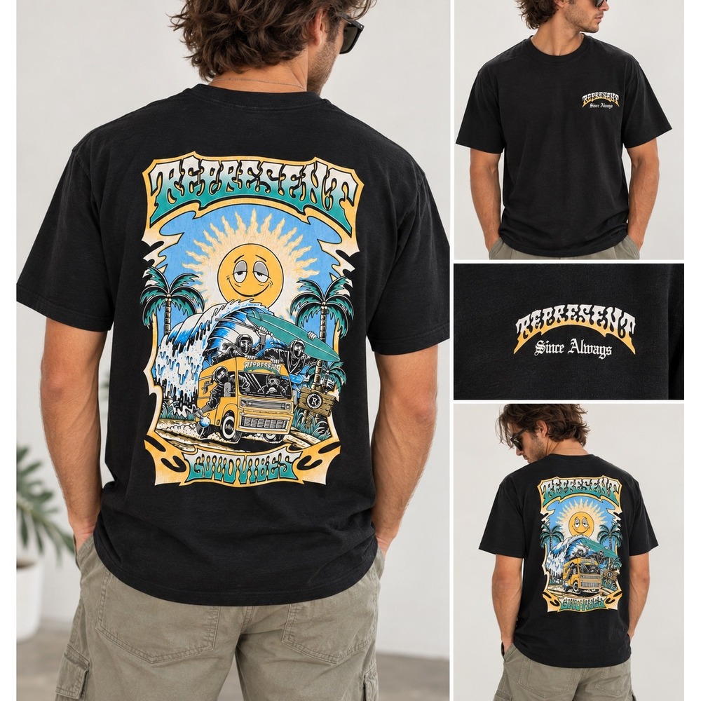 Black Surf Graphic T-Shirt Mens L Represent Ltd Van Palm Tree Beach Streetwear